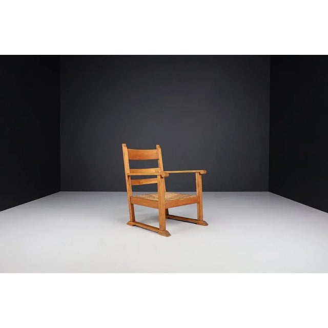 Brown French Provincial Oak and Rush Armchairs, France, 1940s, Set of 2 For Sale - Image 8 of 10