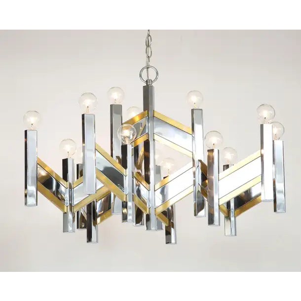 Midcentury Modern Brass & Chrome Italian Designer Sciolari Chandelier For Sale - Image 10 of 12