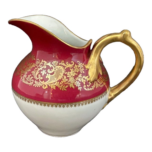 Early 20th Century French Burgundy & Gold Porcelain Cream Pitcher, Remi Delinieres For Sale