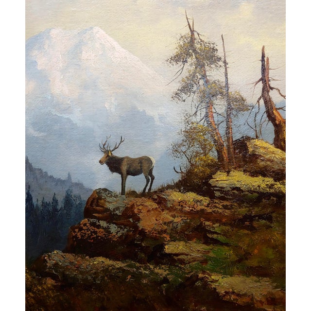 1900 - 1909 The Lonely Elk on Mount Shasta - 19th Century Oil Painting For Sale - Image 5 of 9