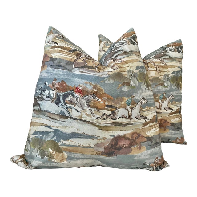 Mulberry Home “Morning Gallop” in Blue and Sand Pillows- a Pair For Sale