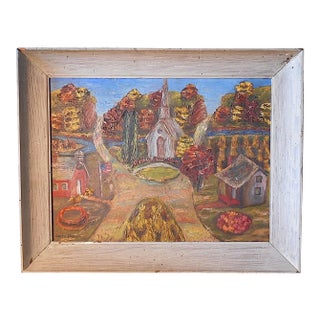 Vintage Signed Folk Art Oil On Board-Village Scene-US Artist C. Harris-Framed For Sale