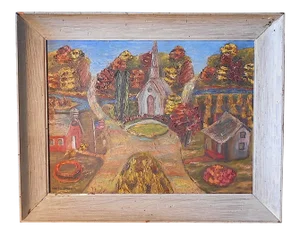 Vintage Signed Folk Art Oil On Board-Village Scene-US Artist C. Harris-Framed