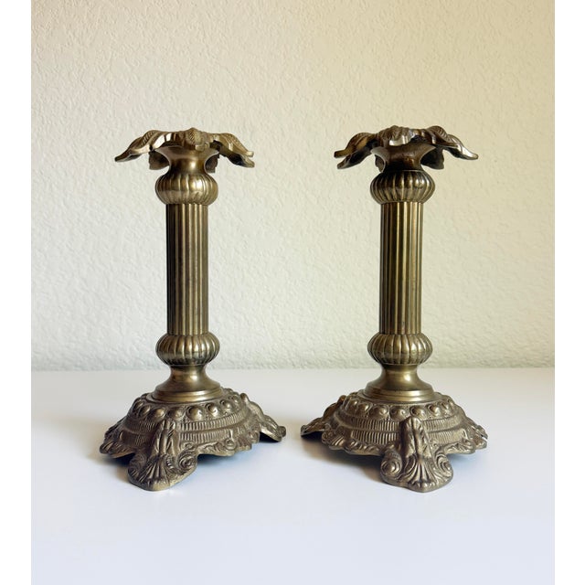 Metal Palm Beach Style Brass Candlesticks, 1960s - A Pair For Sale - Image 7 of 11