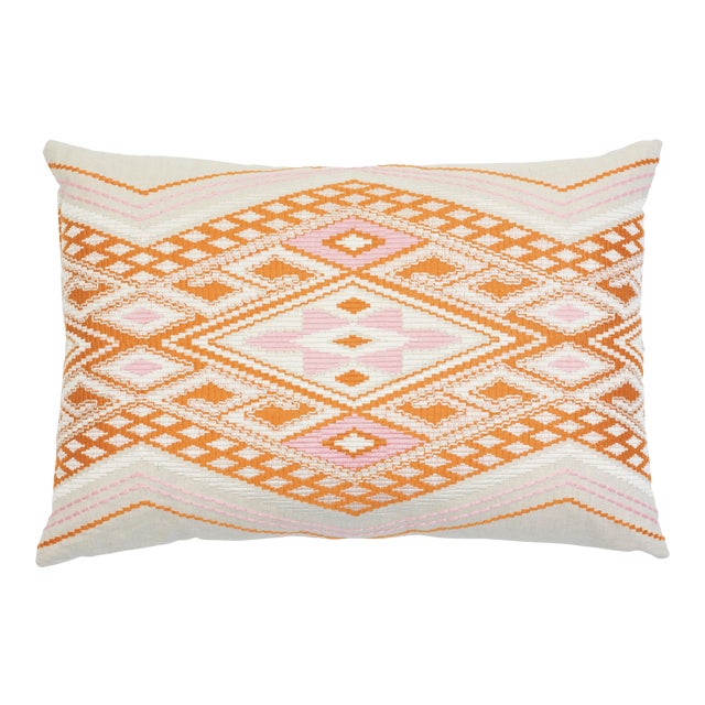 Schumacher Bayeta Pink and Orange Embroidery Pillow For Sale