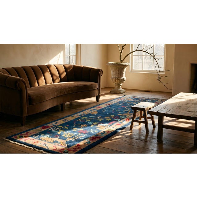1920s Navy Blue Floral Antique Pair of Chinese Art Deco Runner Carpets 2'1'' X 11' 8'' Knotted Wool Rugs For Sale - Image 15 of 15