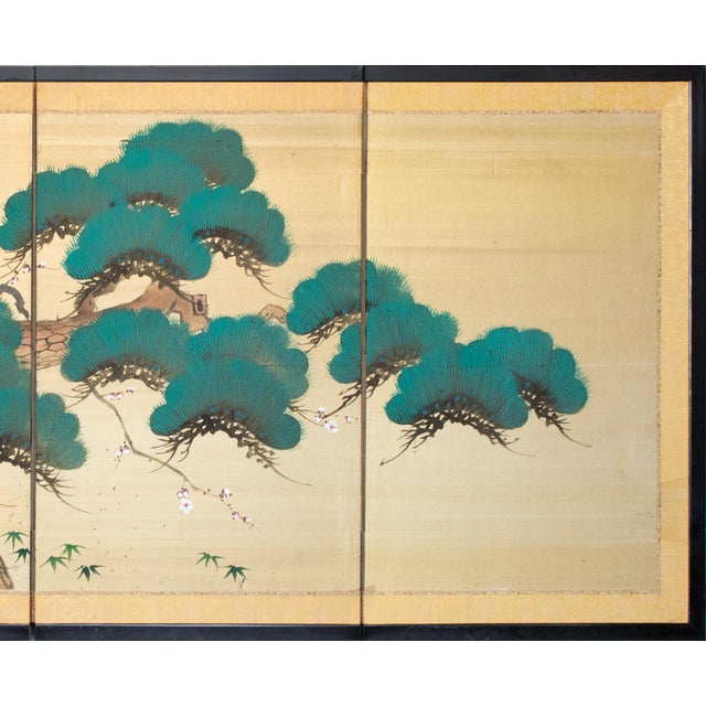 Japanese C. 1960s Showa Era Japanese Painted Silk Byobu Screen "Evergreen Pine Tree" For Sale - Image 3 of 18