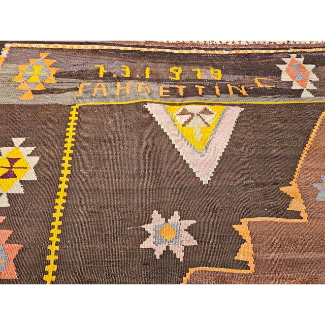 Vintage Turkish Kilim Rug, Handwoven Wool, Chocolate Brown, Pale Green, 7x11 For Sale - Image 12 of 15