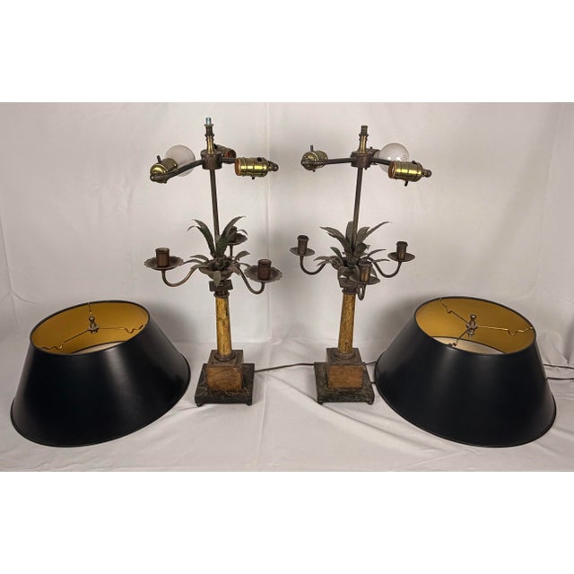 Mid 20th Century Hollywood Regency Tole Palm Tree Candelabra Table Lamps For Sale - Image 11 of 11