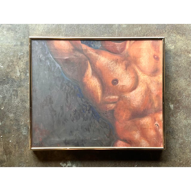 Mid-Century Modern Vintage Boho Original Oil Canvas of Male Torso For Sale - Image 3 of 5