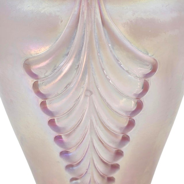 Fenton Pink Opalescent Carnival Glass Feather Pattern Ruffled Vase, Mid-Century For Sale - Image 16 of 16