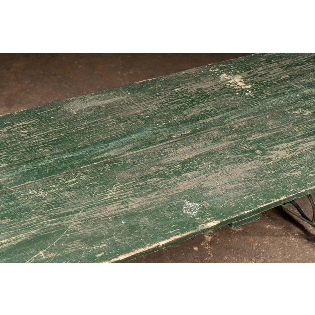 Late 19th Century Weathered Green Farmhouse Trestle Table With Cast Iron Base For Sale In Chicago - Image 6 of 10