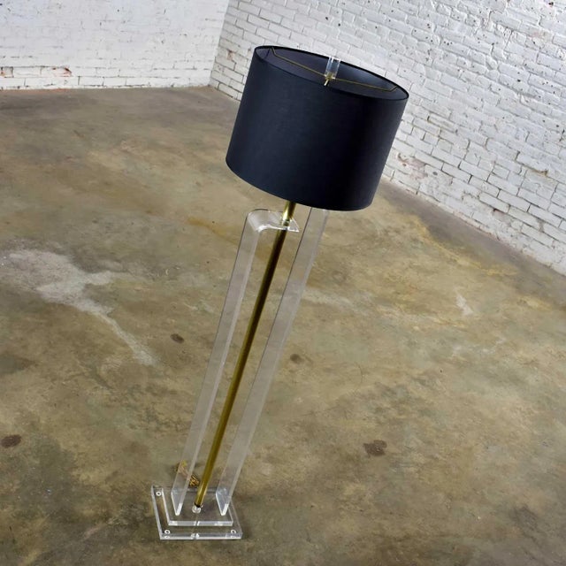Mid-Century Modern Vintage Mid-Century Modern Art Deco or Hollywood Regency Floor Lamp Lucite and Brass Plate Black Shade For Sale - Image 3 of 17