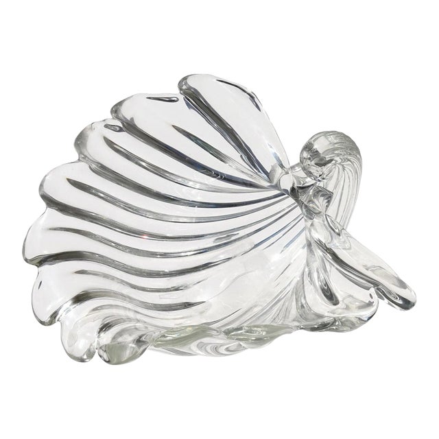 Cartier Signed Murano Seguso Vintage Crystal Clear Ribbed Surface Italian Art Glass Seashell Shell Bowl For Sale