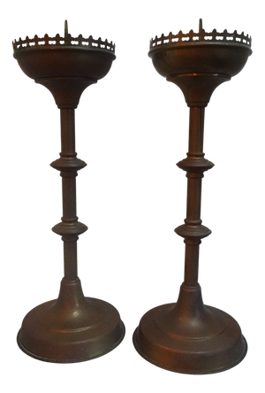 Antique Brass Gothic Church Altar Candlesticks, 1890s, Set of 2