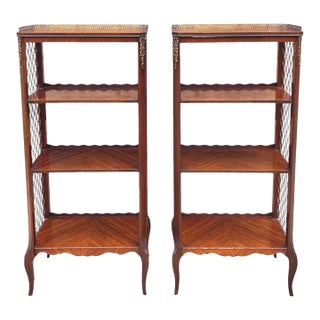 Vintage French Etagere Bookcases With Brass Lattice Sides and Gallery Railing - A Pair For Sale