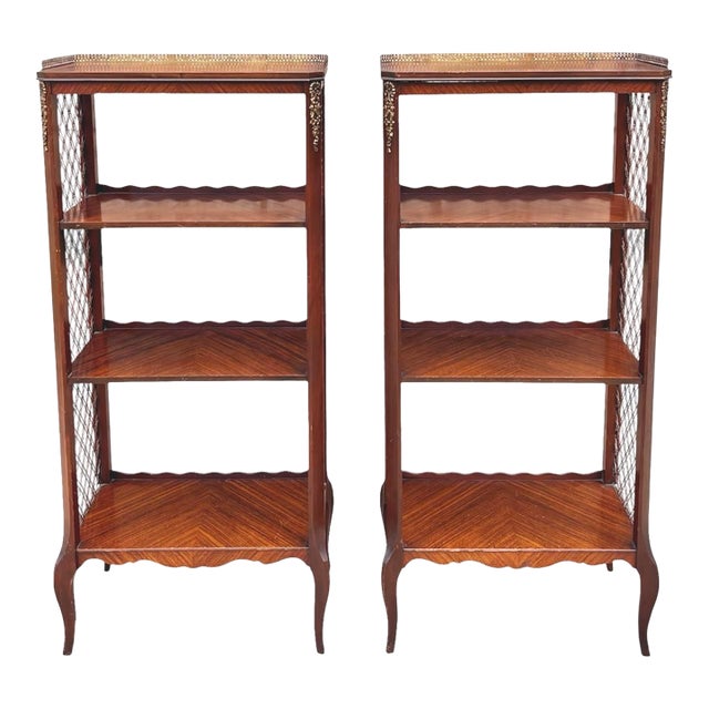 Vintage French Etagere Bookcases With Brass Lattice Sides and Gallery Railing - A Pair For Sale