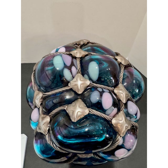 Bryan Duncan Glass Oregon Coast Large Blown Art Glass Orb, Steel Cable Net, 2003 For Sale - Image 4 of 7