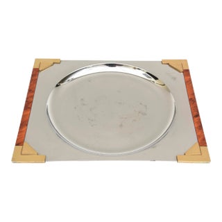 Guy Degrenne French Burled Wood, Gold Plated Brass and Stainless Steel Square Tray For Sale