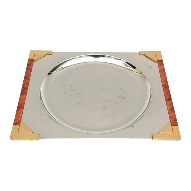 Signed Guy Degrenne French Burled Wood, Gold Plated Brass and Stainless Steel Square Tray For Sale