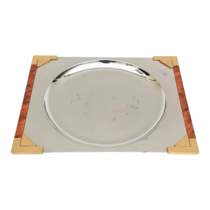 Signed Guy Degrenne French Burled Wood, Gold Plated Brass and Stainless Steel Square Tray