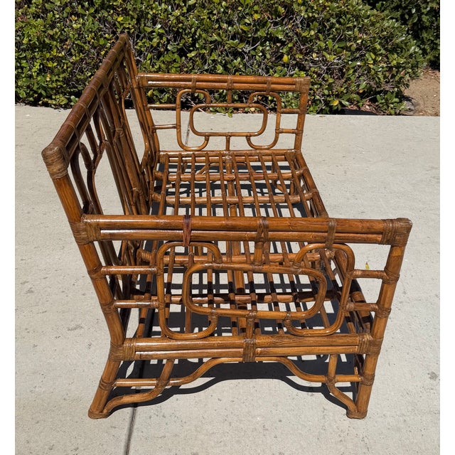 Vintage Rattan Chinoiserie Loveseat, New Pink Linen Upholstery For Sale - Image 11 of 14