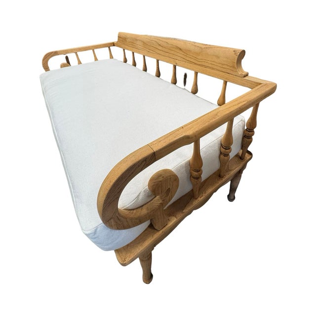 Late 18th Century Gustavian Style Oak Spindle Settee With Scrolled Arms, Linen Cushion For Sale In Los Angeles - Image 6 of 6