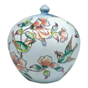 20th C. Chinese Sky Blue Melon Ginger Jar With Bird Motif – Chinoiserie / Asian Decorative Arts