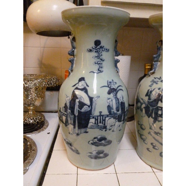 Chinese 19th Century Qing Chinese Blue & White on Celadon Ground Vases - a Pair For Sale - Image 3 of 13
