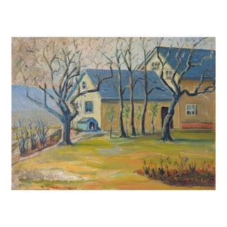 Early 20th Century Yellow Farm House Painting For Sale