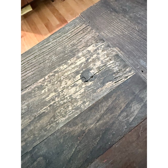 Vintage Restoration “Flatiron” Dining Table Reclaimed Elm Barn Wood Door & Iron Trestle/Casters For Sale - Image 9 of 12