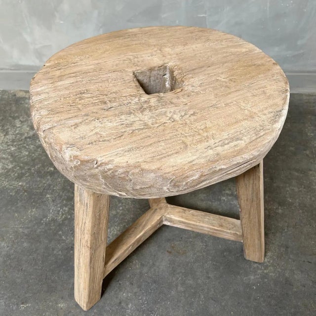 Tan Stool Made from Vintage Elm Wood For Sale - Image 8 of 9