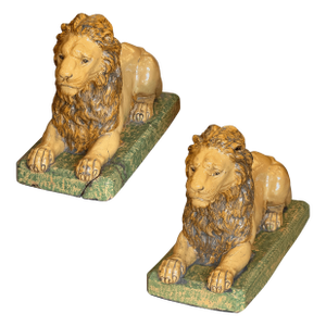 Pair of 19th Century French Faience Glazed Ceramic Recumbent Lions