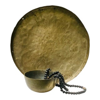 Antique Chinese Buddhist Singing Bowl With Gong and Prayer Beads - Set of 3 For Sale