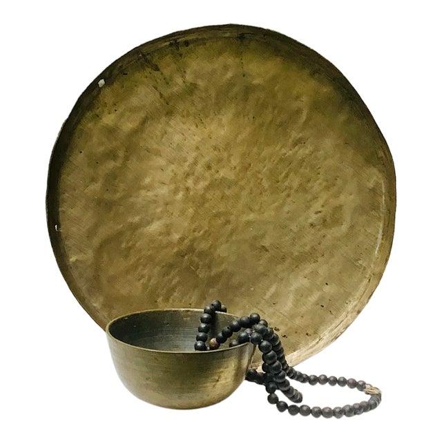 Antique Chinese Buddhist Singing Bowl With Gong and Prayer Beads - Set of 3 For Sale