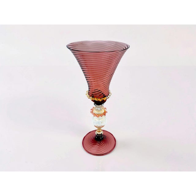 Decorative Venetian glass goblet, vintage, 1970s, featuring: Spiral workmanship: The cup and base feature a distinctive...