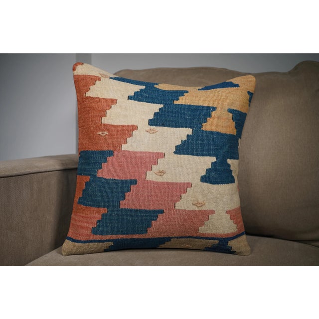 Textile Pastel Tribal Kilim Pillow Cover – 16x16 Vintage Handwoven Textile For Sale - Image 7 of 8