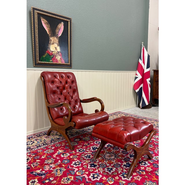 Vintage English Chesterfield Style Tufted Campeche Chair Ottoman Red Leather For Sale - Image 14 of 17
