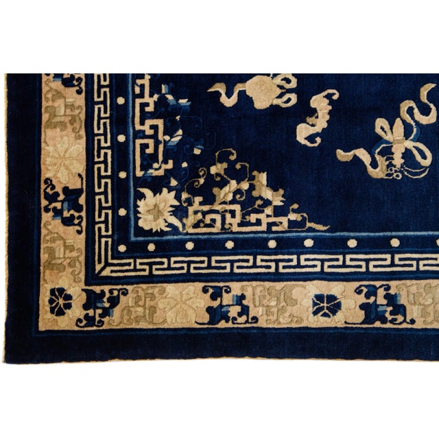 1920s Antique Chinese Peking Wool Rug Handmade Blue With Classic Floral Design For Sale - Image 4 of 7