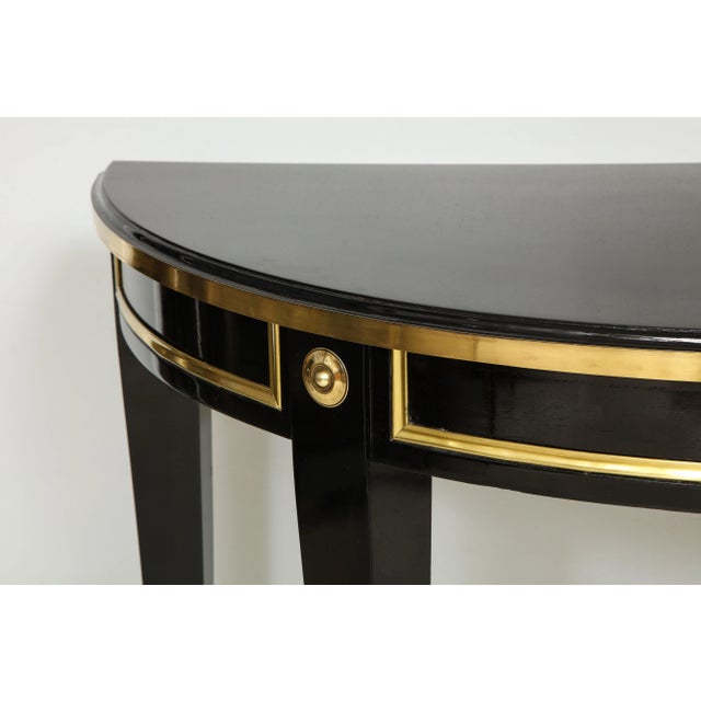 Bespoke Pair of Brass-Banded Demilune Consoles in the Neoclassic Manner For Sale - Image 9 of 12