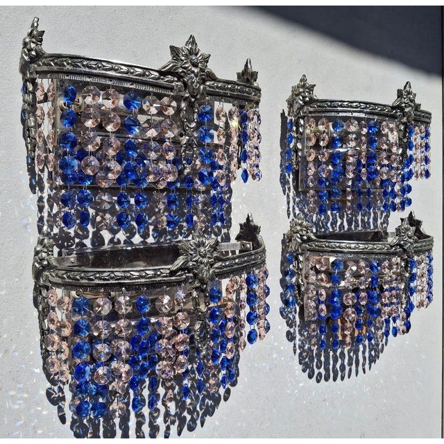 1920's Austrian Regency Saphire & Pale Pink Cut Crystal Wall Sconces Attrib. Palme & Walter Set of 4 For Sale - Image 17 of 18