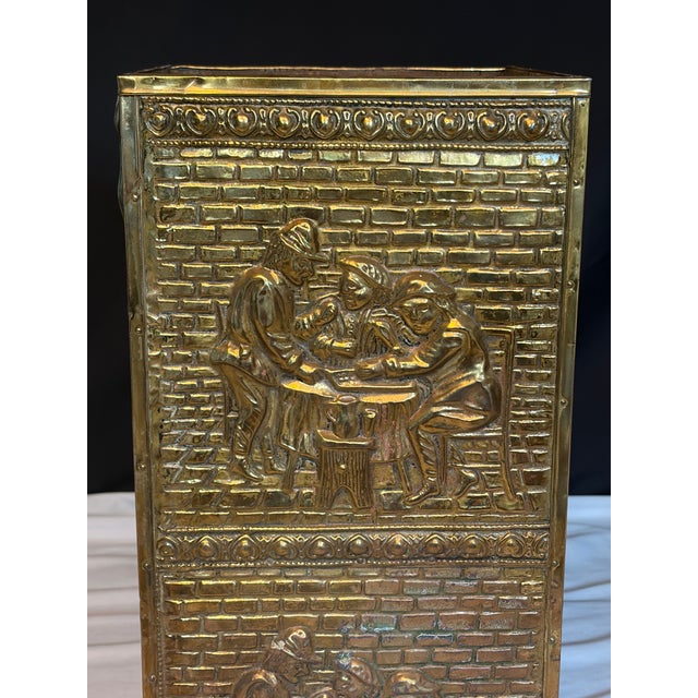 Late 19th Century English Repoussé Brass Umbrella Stand With Figural Tavern Scene Relief For Sale In Greensboro - Image 6 of 8