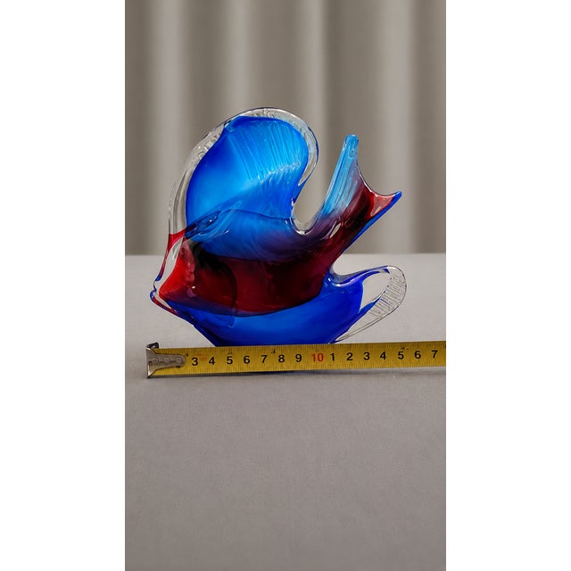 Vintage Murano Style Hand Blown Glass Coastal Angelfish Sculpture / Paper Weight – Blue Red Tropical Fish 6" For Sale - Image 12 of 12