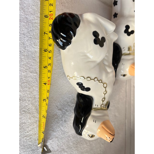 Ceramic Pair of 1990s Staffordshire Style Dog Statues Mantle Figurines Gold Chain Black White For Sale - Image 7 of 11