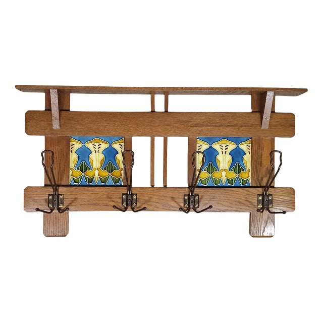 Art Nouveau Wall Coat Rack with Tiles For Sale