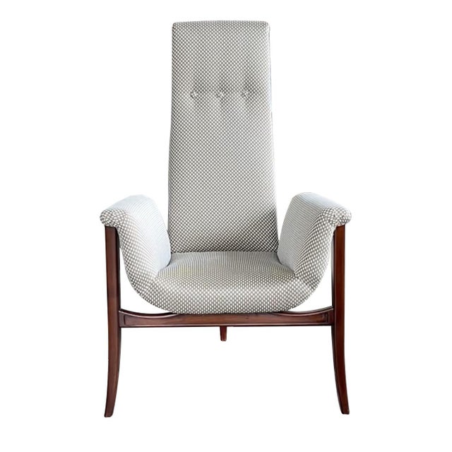 a tall and fantastic pair of sculptural arm chairs, each with tall back above a bucket seat flanked by outscrolled arms;...