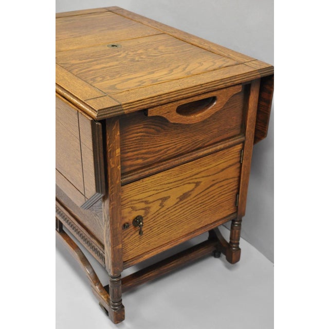 Antique Arts & Crafts Oak Wood Rolling Bar Cart Liquor Cabinet by Lammert's For Sale - Image 10 of 18