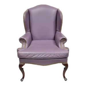 Late 20th Century Queen Anne Style Purple Leather Wingback Chair With Nail Heads by Leather Center
