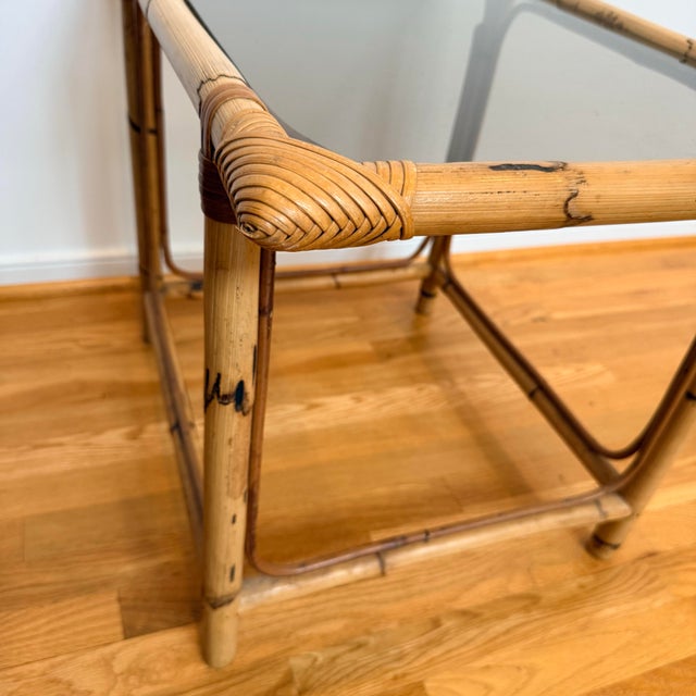 English Vintage Burnt Bamboo, Rattan & Smoked Glass Coastal Modern Side Tables — A Pair For Sale - Image 3 of 7