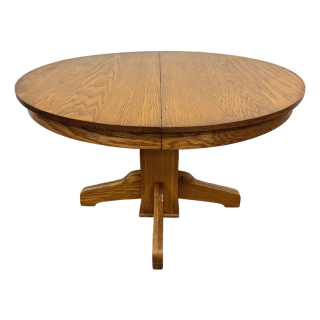 Vintage Solid Oak Round Pedestal Dining Table For Sale